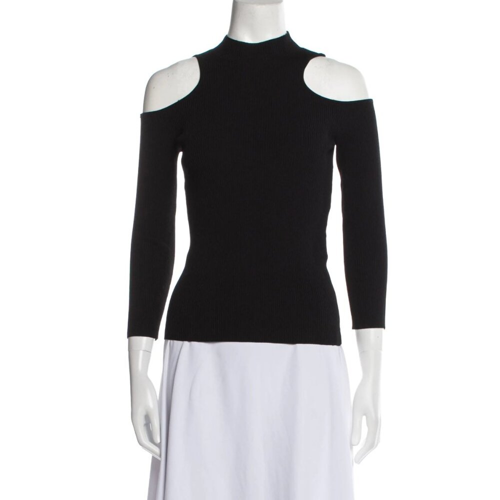 Maje Mock-Neck Three-Quarter Sleeve Cold-Shoulder Top in Black, Size Small (S)